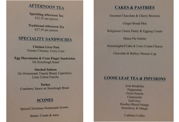 Killashee Hotel Afternoon Tea Menu